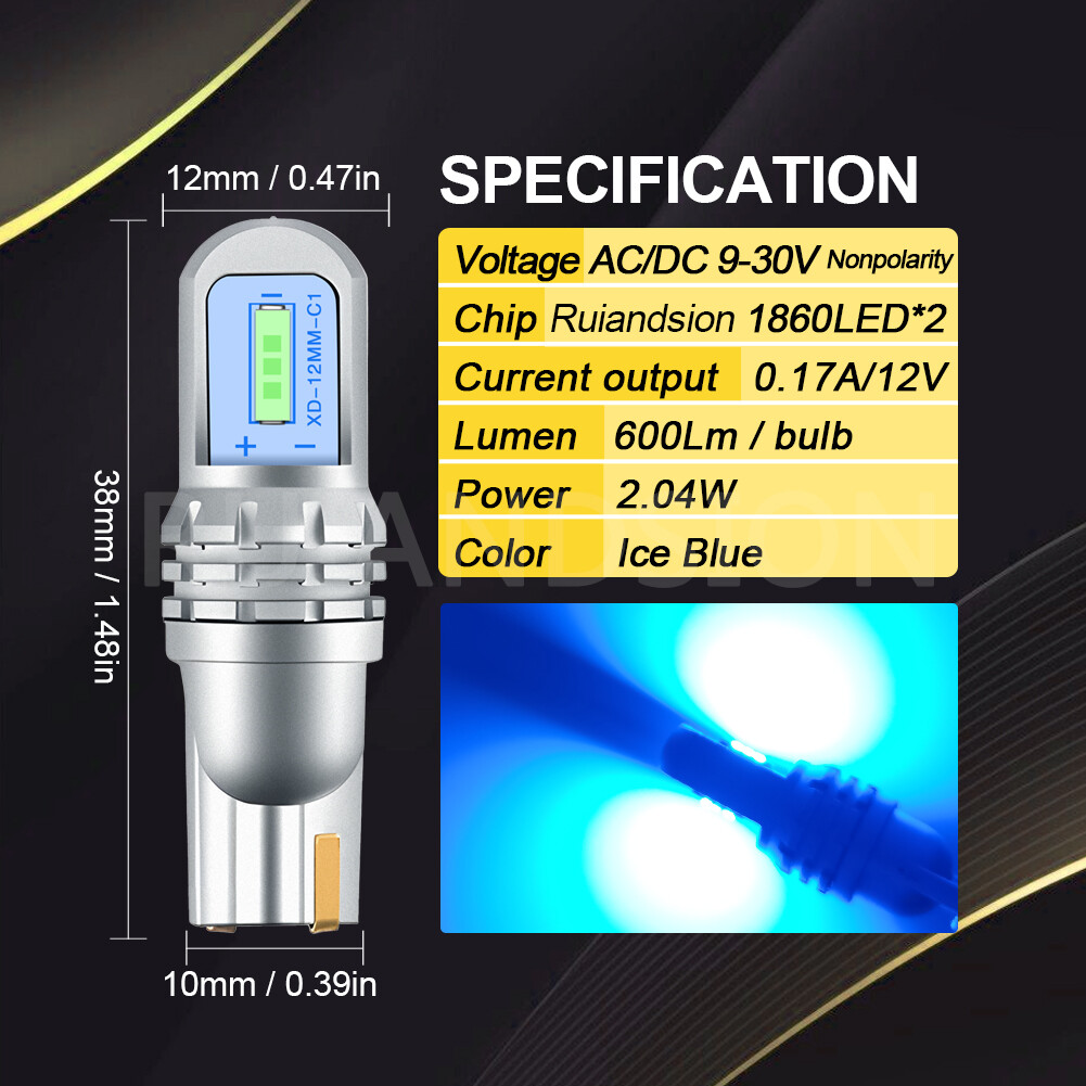 Ruiandsion T10 LED Bulb W5W Automotive Interior Lights 9V-30V AC/DC 600lm 4Color