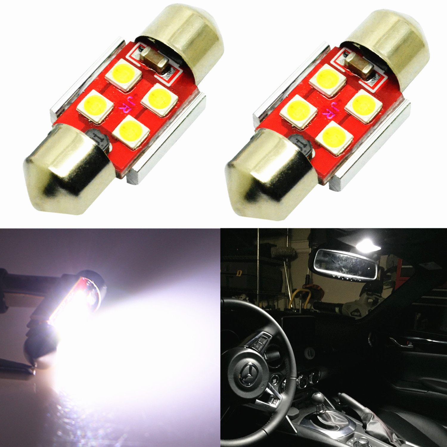 Alla Lighting 2x 800LM 3030 4-LED Dome Map Trunk Light Festoon Bulb DE3175,White