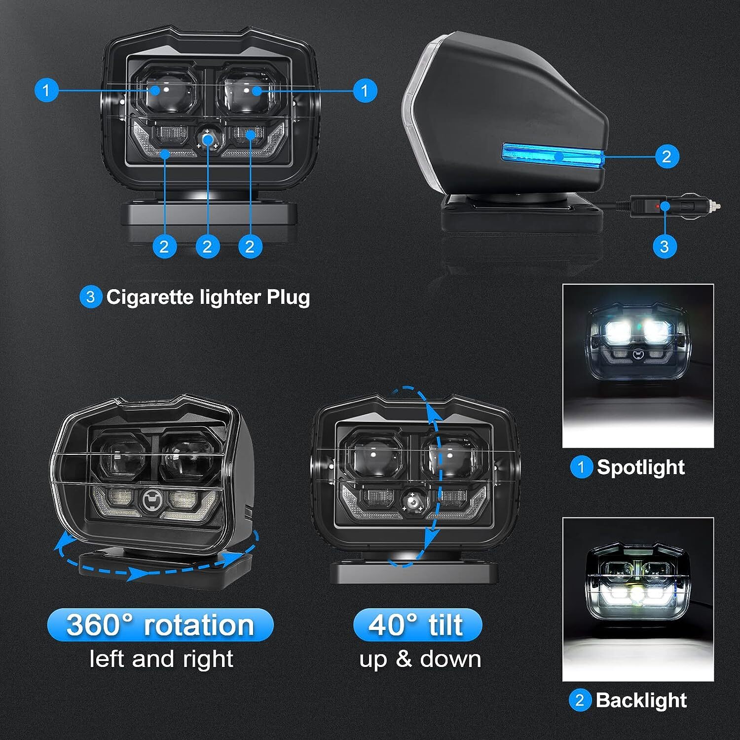 360° LED Searchlight Remote Control Magnetic Spotlight Marine Boat Truck Offroad