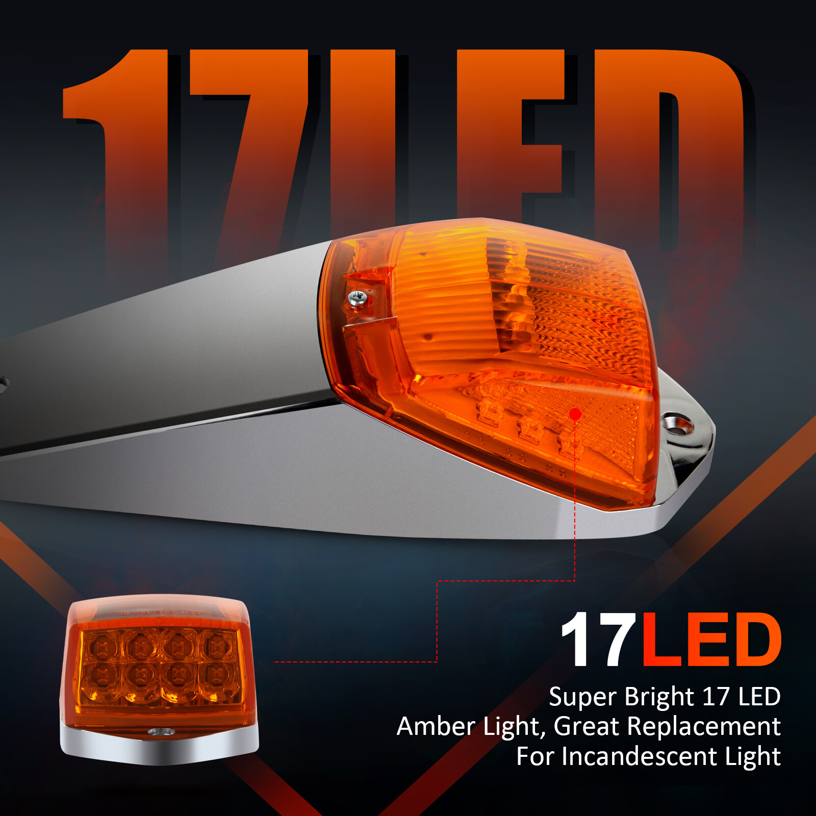 New 5x Amber 17 LED Chrome Cab Roof Marker Light Fits Peterbilt Kenworth