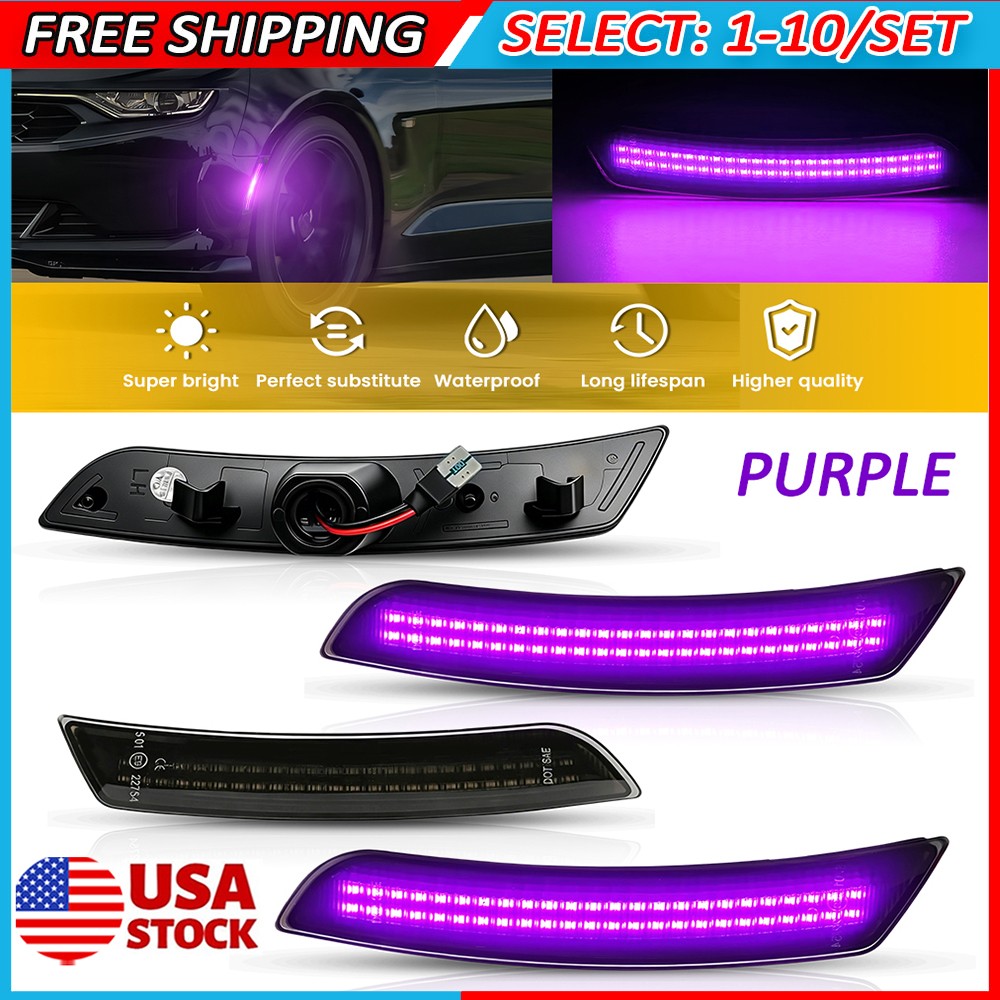 4-40x Purple LED Bumper Side Marker Light Front Rear For Chevy Camaro 2016-2023
