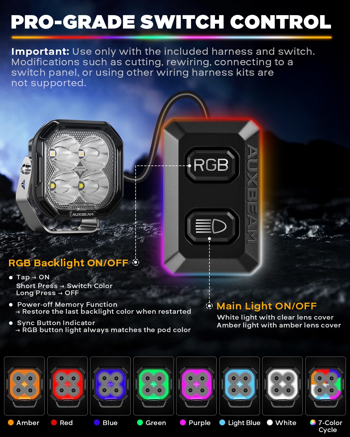 2x AUXBEAM 3″ Color Play RGB LED Pod Lights Spot Beam Clear&Amber Light Covers