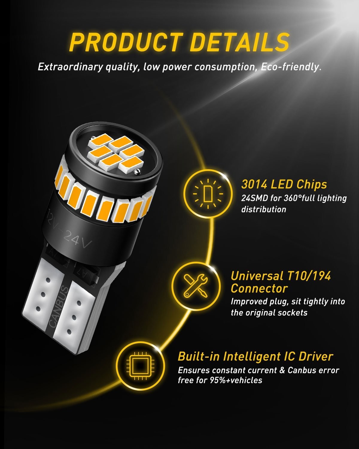 AUXITO Canbus LED Front Sidemarker Light Bulbs 168 192 2825 2821 T10 3000K Amber