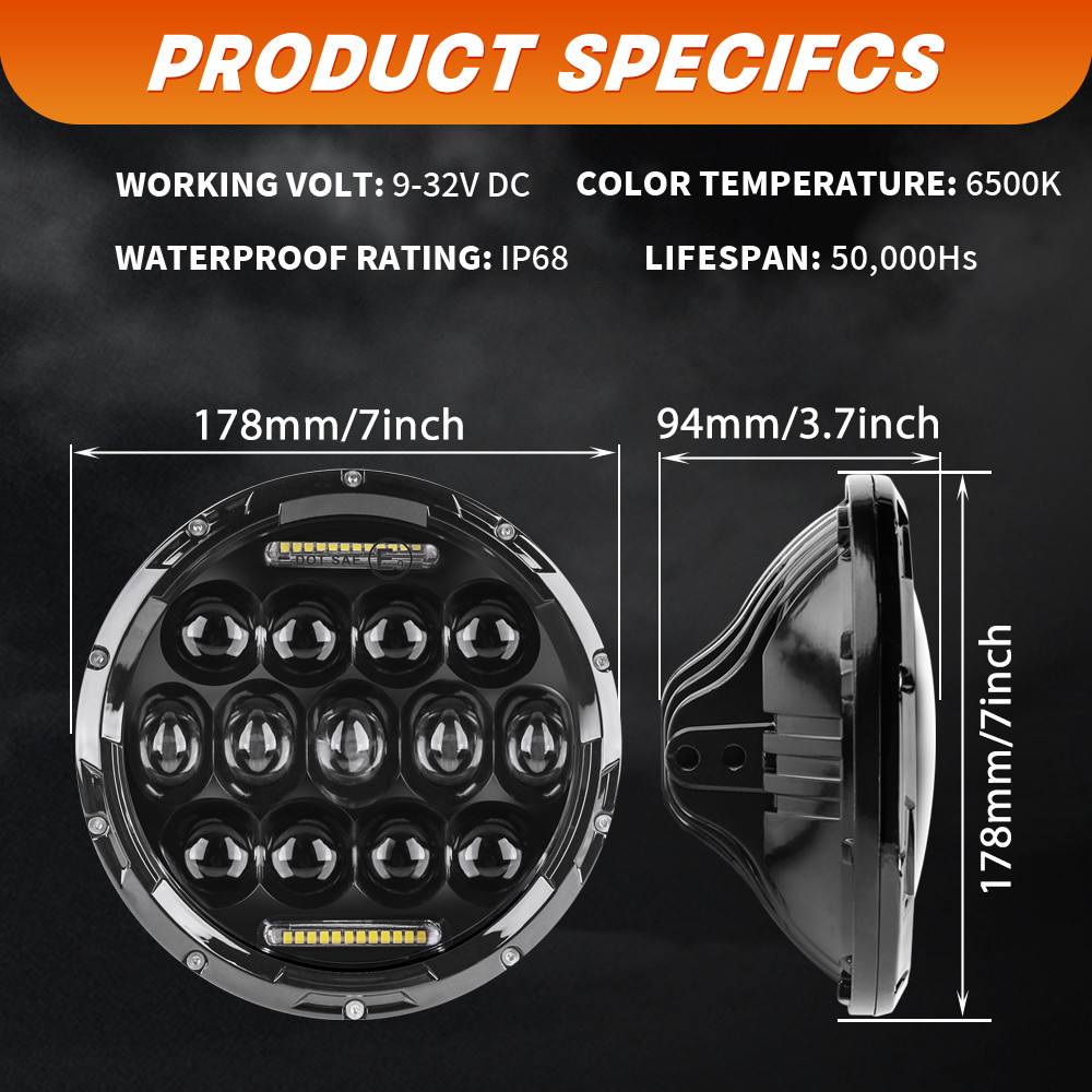 DOT Approved 7″ inch Round Led Headlight High-Low Beam fit Chevy II Nova 1969-79