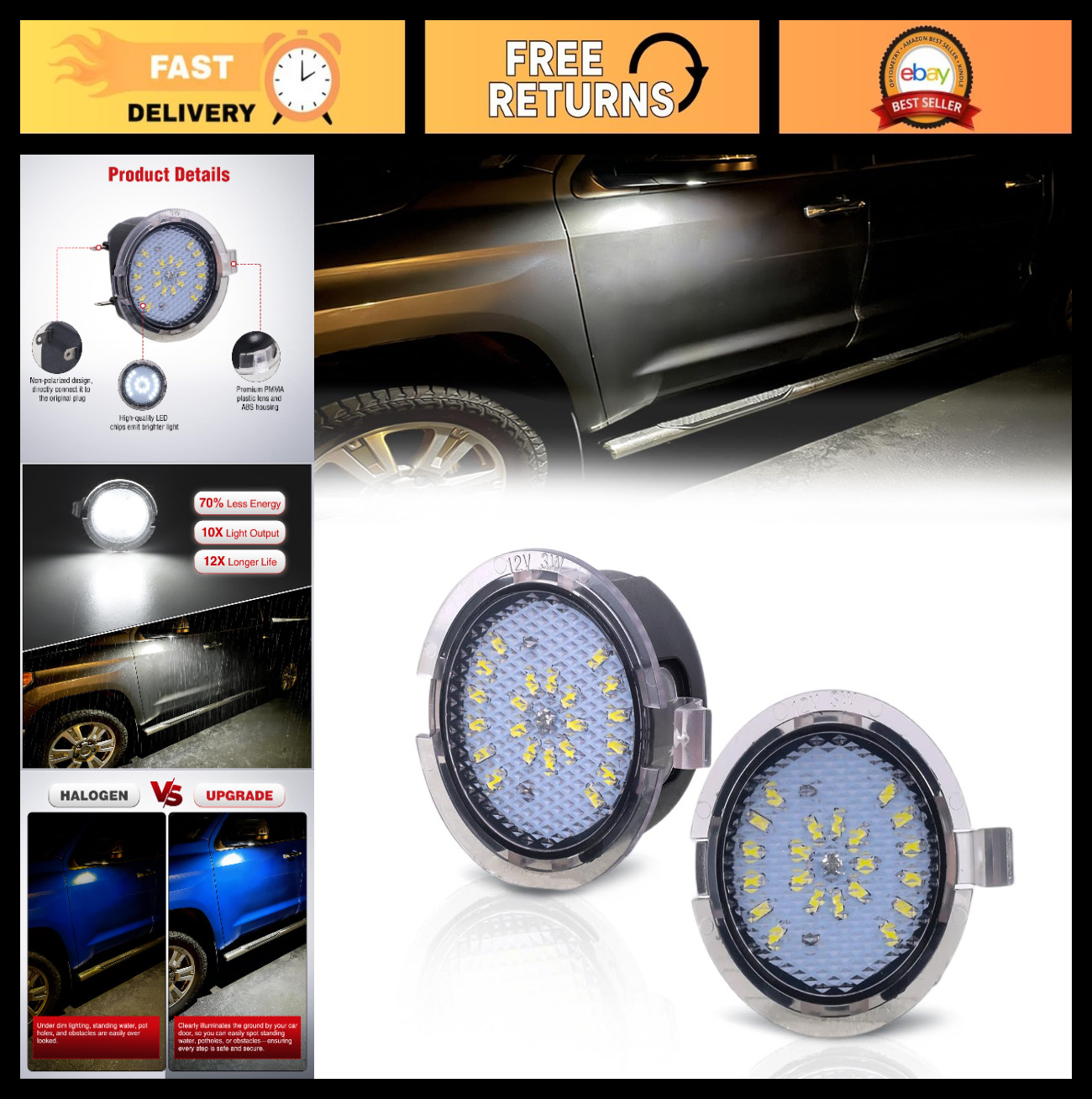 LED Side Mirror Puddle Lights for Toyota Tundra & Sequoia 2007-2020, 6000K White