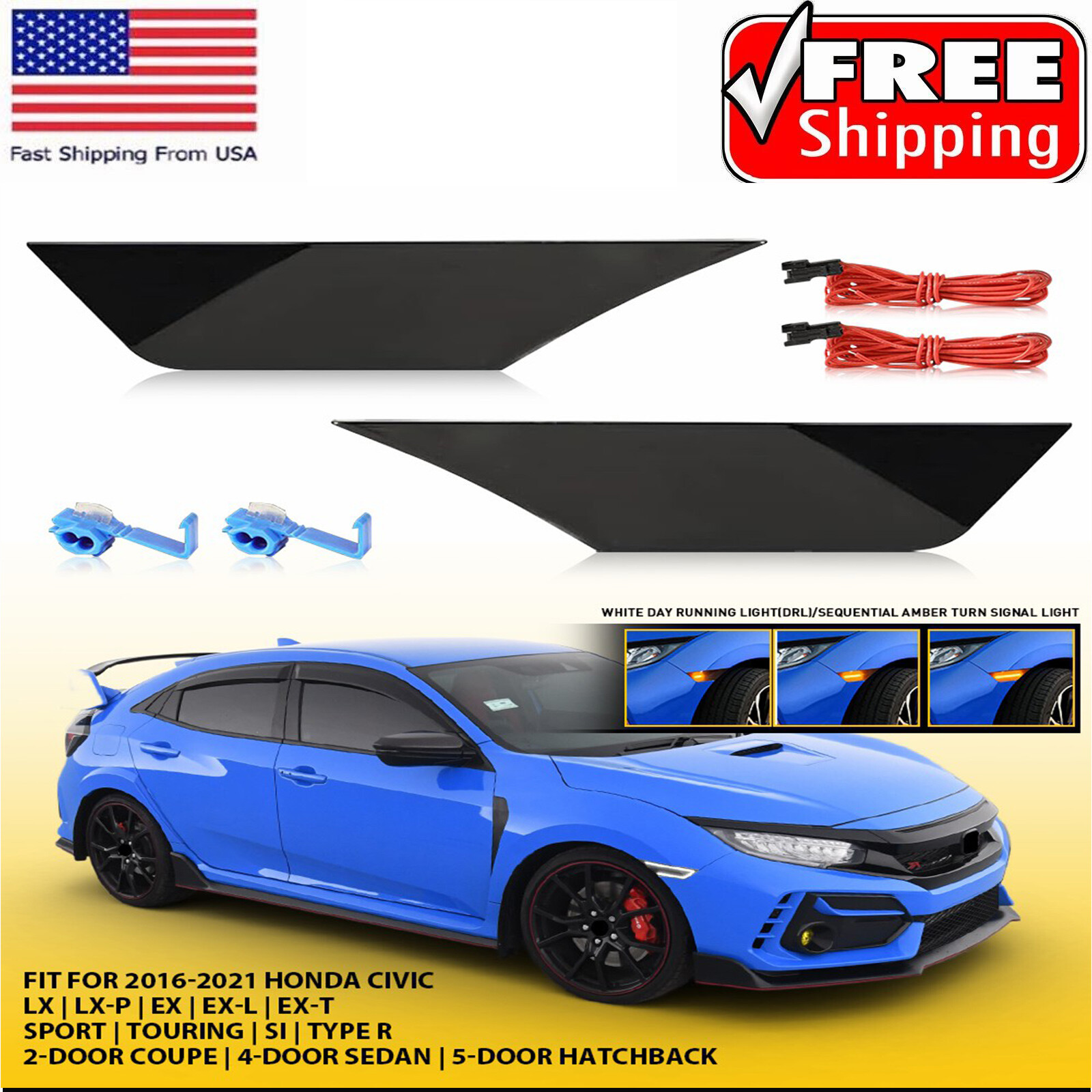 Smoked Side Marker Lamp Turn Signal Light W/ LED Bulbs for Honda Civic 2016-2021