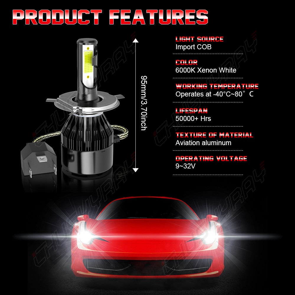 Pair Combo 2 H4 9003 LED Headlight Kit Bulbs High Low Beam Super White 60000LM