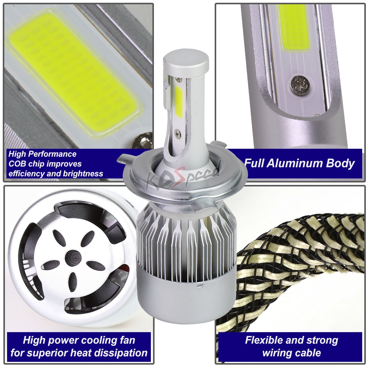 2x White LED H4 6000K 50000 Hours Life/ Replacement Headlight Bulbs +Cool Fan