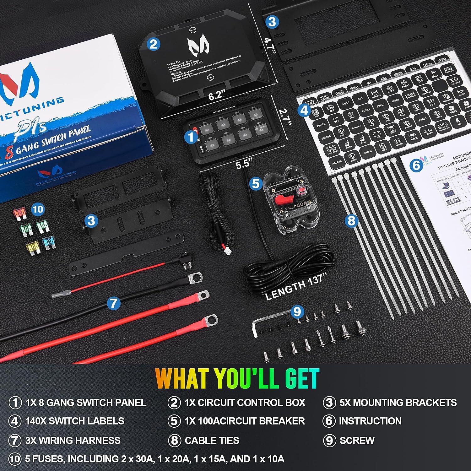 MICTUNING RGB 8 Gang Switch Panel LED Circuit Control Relay System Multipe Mode