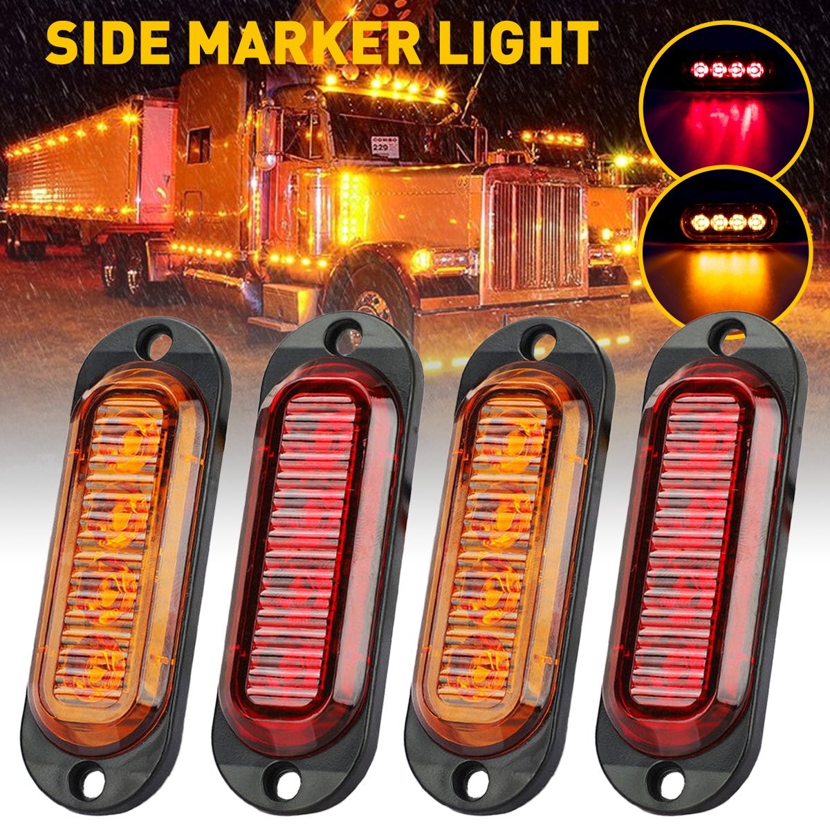 Red Amber 4-12pcs 4-LED Side Marker Light Assembly Clearance Light Truck Trailer