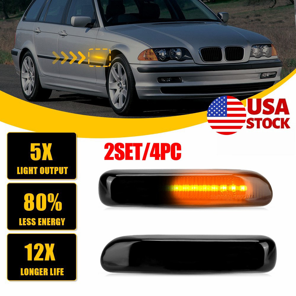 4PC RH LH Smoked Sequential LED Side Marker Lights Amber 63132228591 For BMW E46