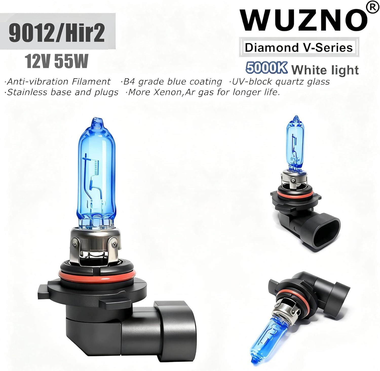 Halogen Headlight Bulb 9012 12V 55W High Low Beam White 5000K 2 Pack