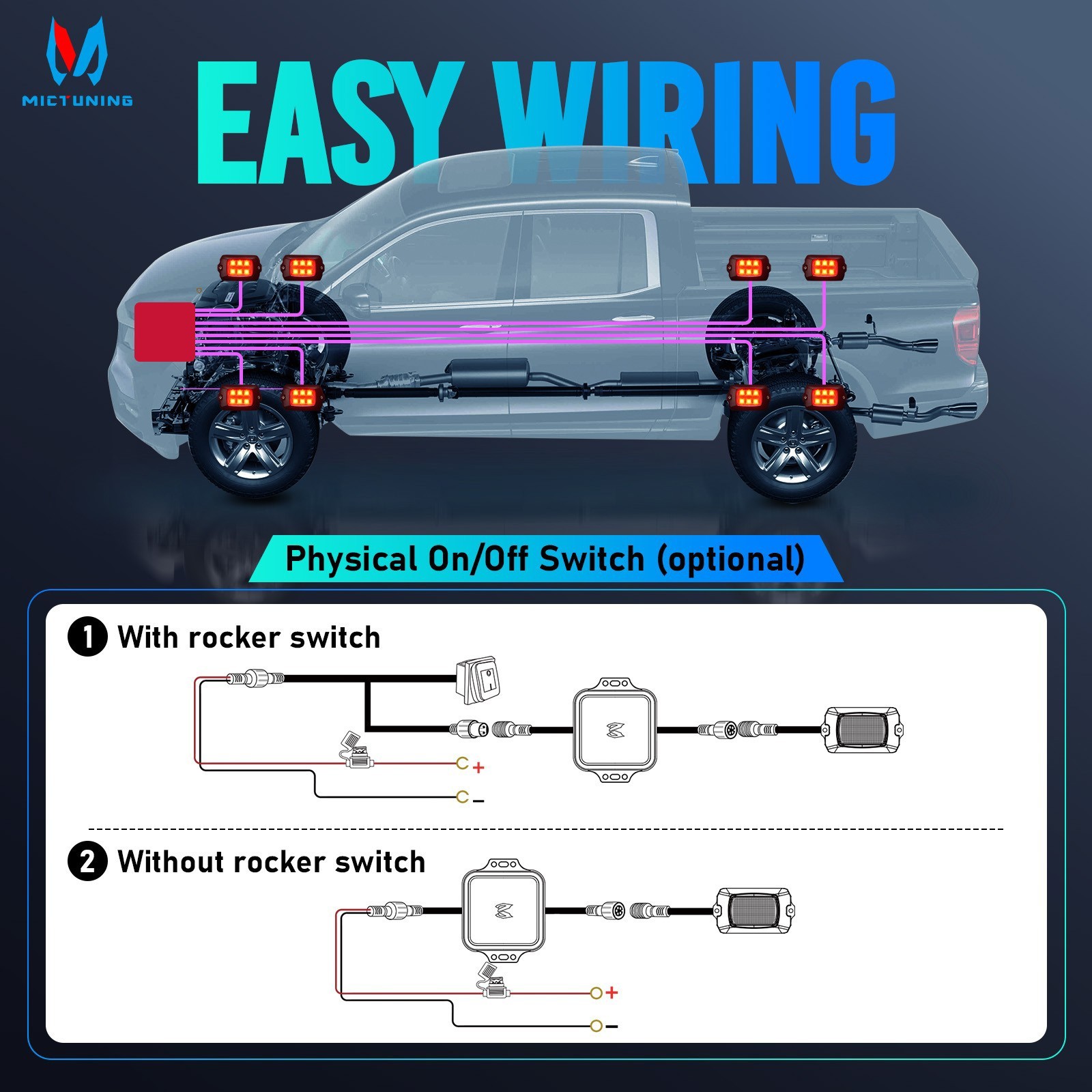 MICTUNING Q1 RGBW LED Rock Lights -8 Pods Underglow Underbody Neon LED Light Kit