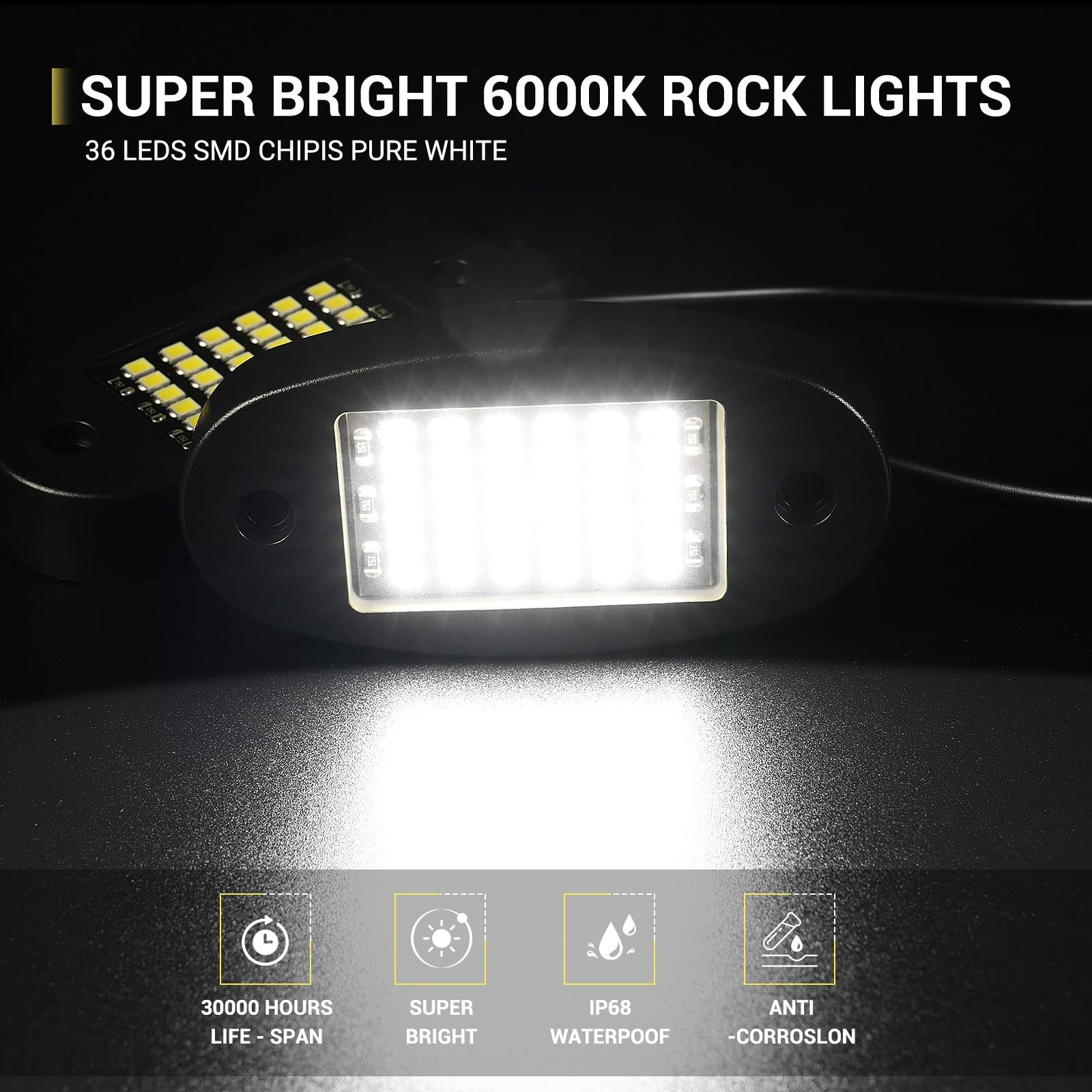 Hovano 20 Pods White Rock Lights 6000K LED Neon Underglow IP68 Waterproof