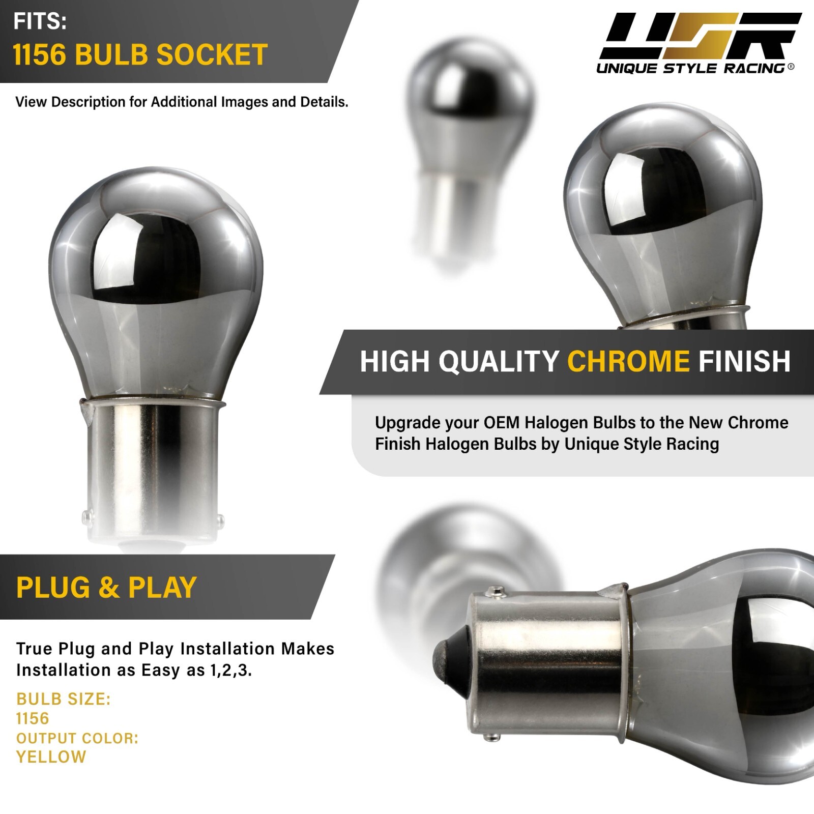 7506 / 1156 Straight Pin Stealth Chrome Yellow Halogen Bulbs Pair