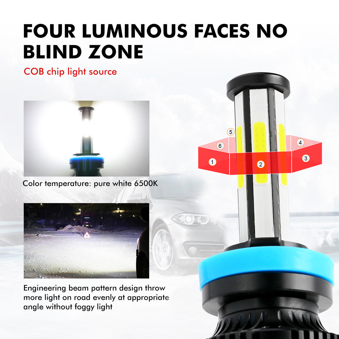 6-sides H11 H9 LED Headlight High Low Beam Combo Bulbs Super Bright White 6500K