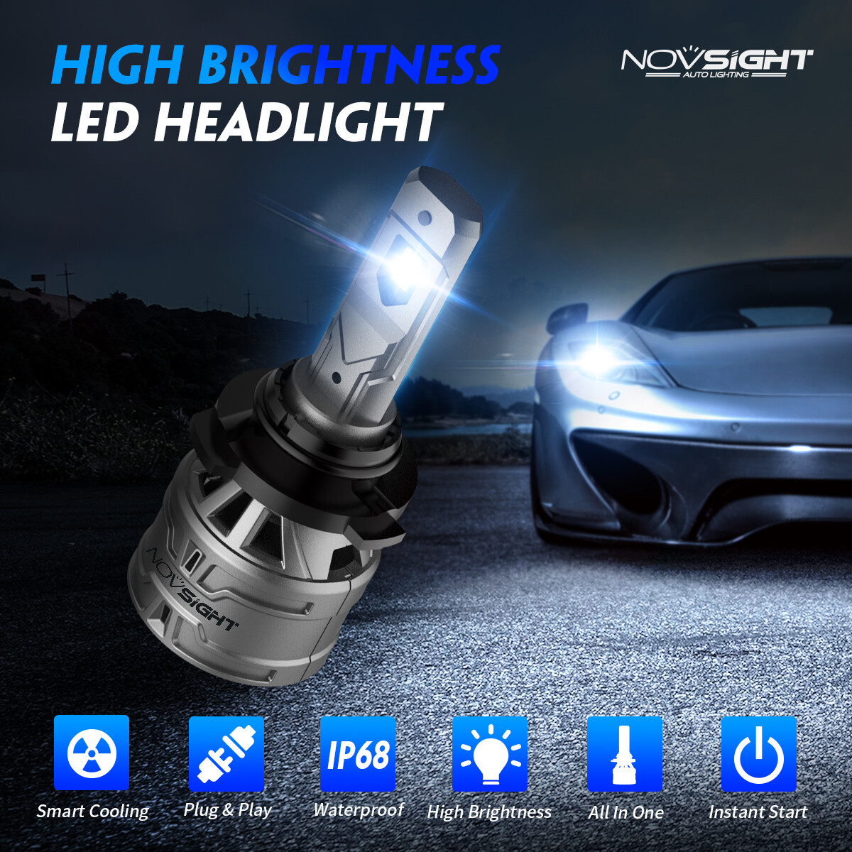 NOVSIGHT 4 PCS 9005 9006 Combo LED Headlight Bulbs High Low Beam IP68 Waterproof