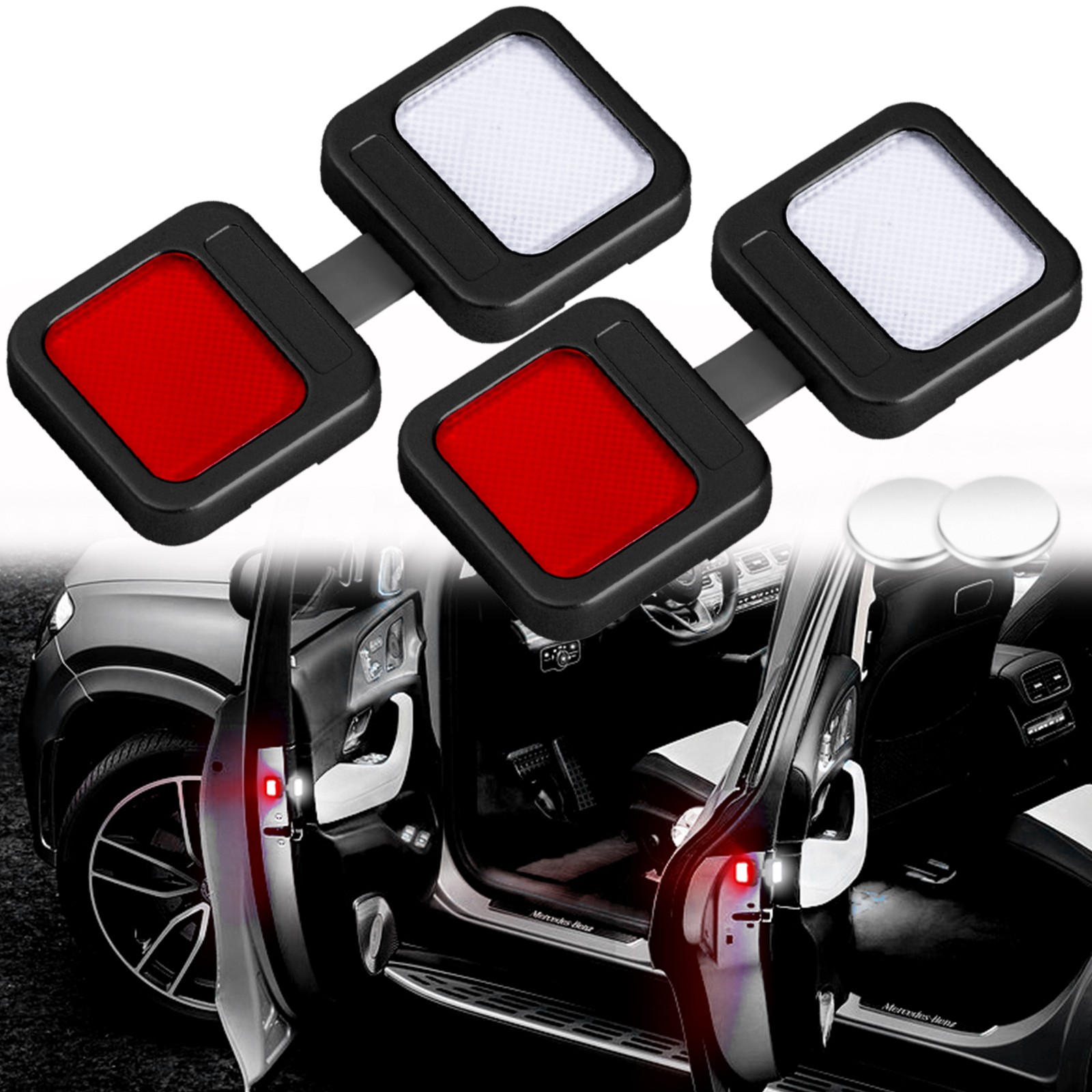2pcs Car Door Open Warning Wireless LED Strobe Light Anti-collision Red+White