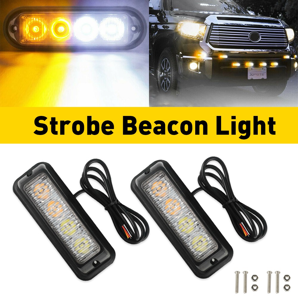2PCS Car 4LED Emergency Warning Amber/White Beacon Light Flash Strobe Indicator