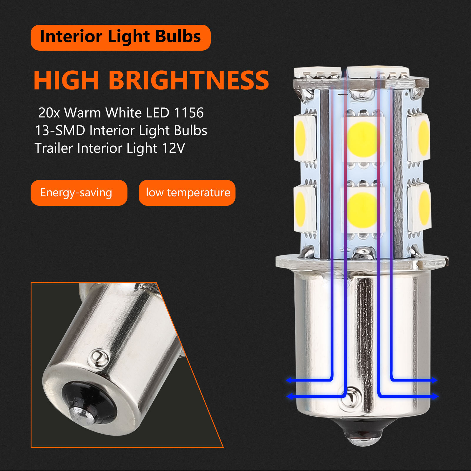 20PCS Bright Warm White 1156 RV Trailer 13-SMD Car LED 1141 Interior Light Bulbs