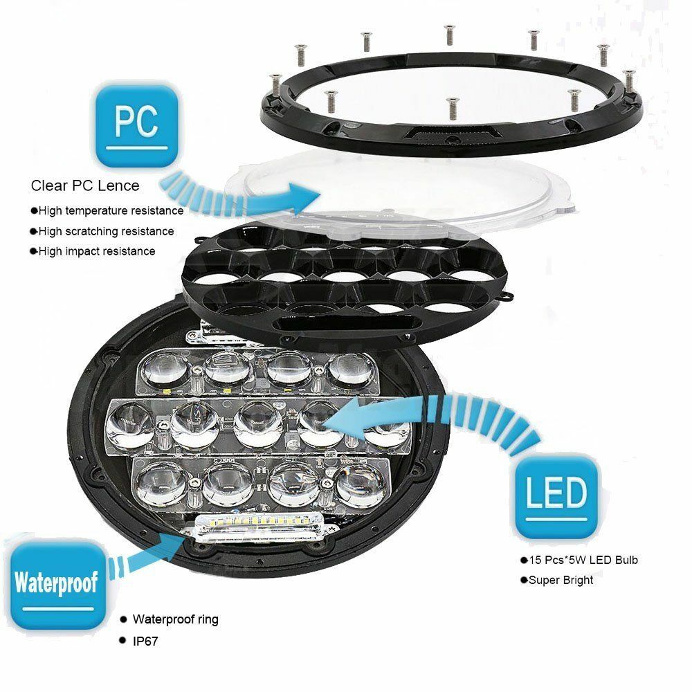 300W Pair 7 inch Round LED Headlight Hi/Lo DRL for Jeep Wrangler JK LJ TJ CJ DOT