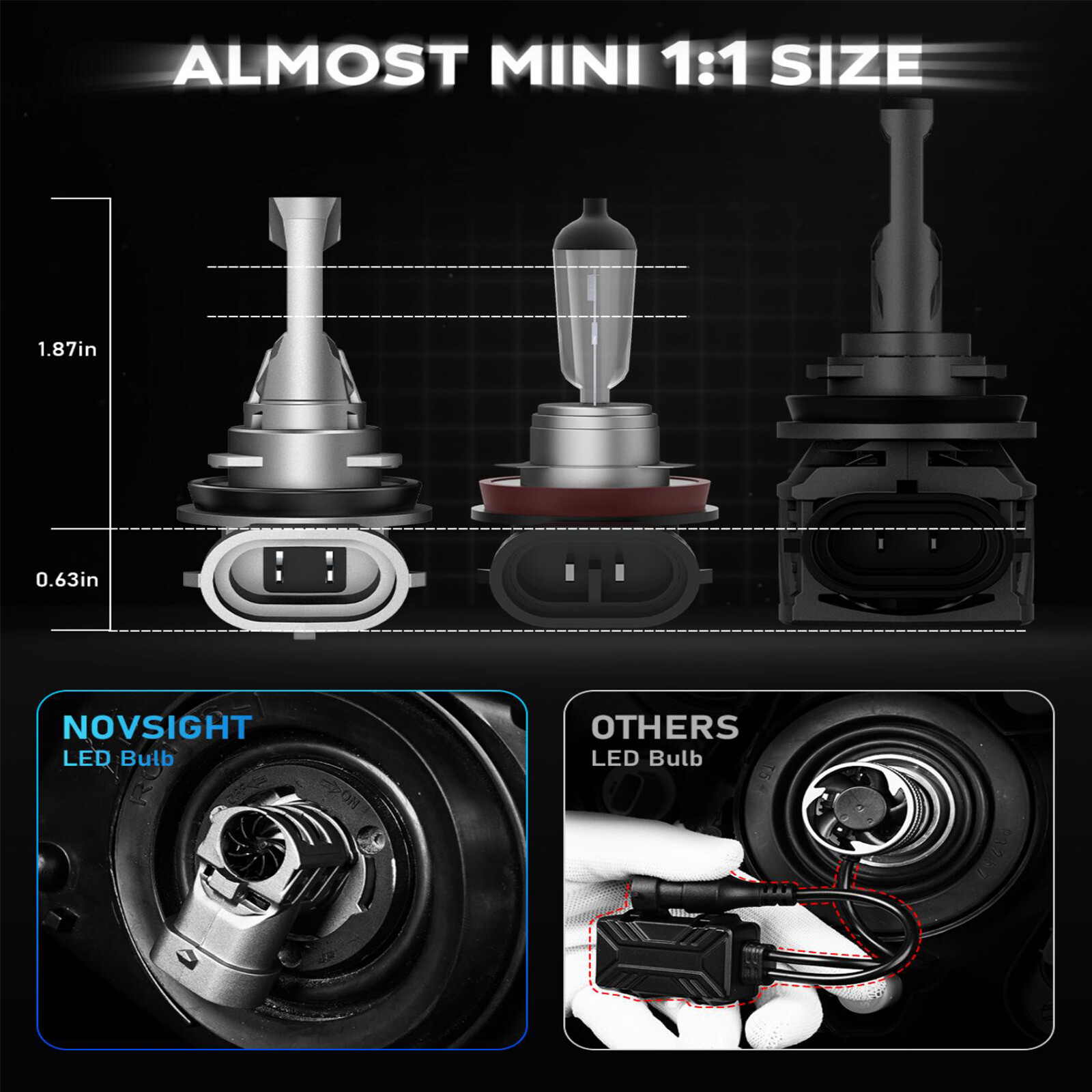 NOVSIGHT 2x H11 LED Headlight Super Bright Bulbs 6500K Kit White High Low Beam