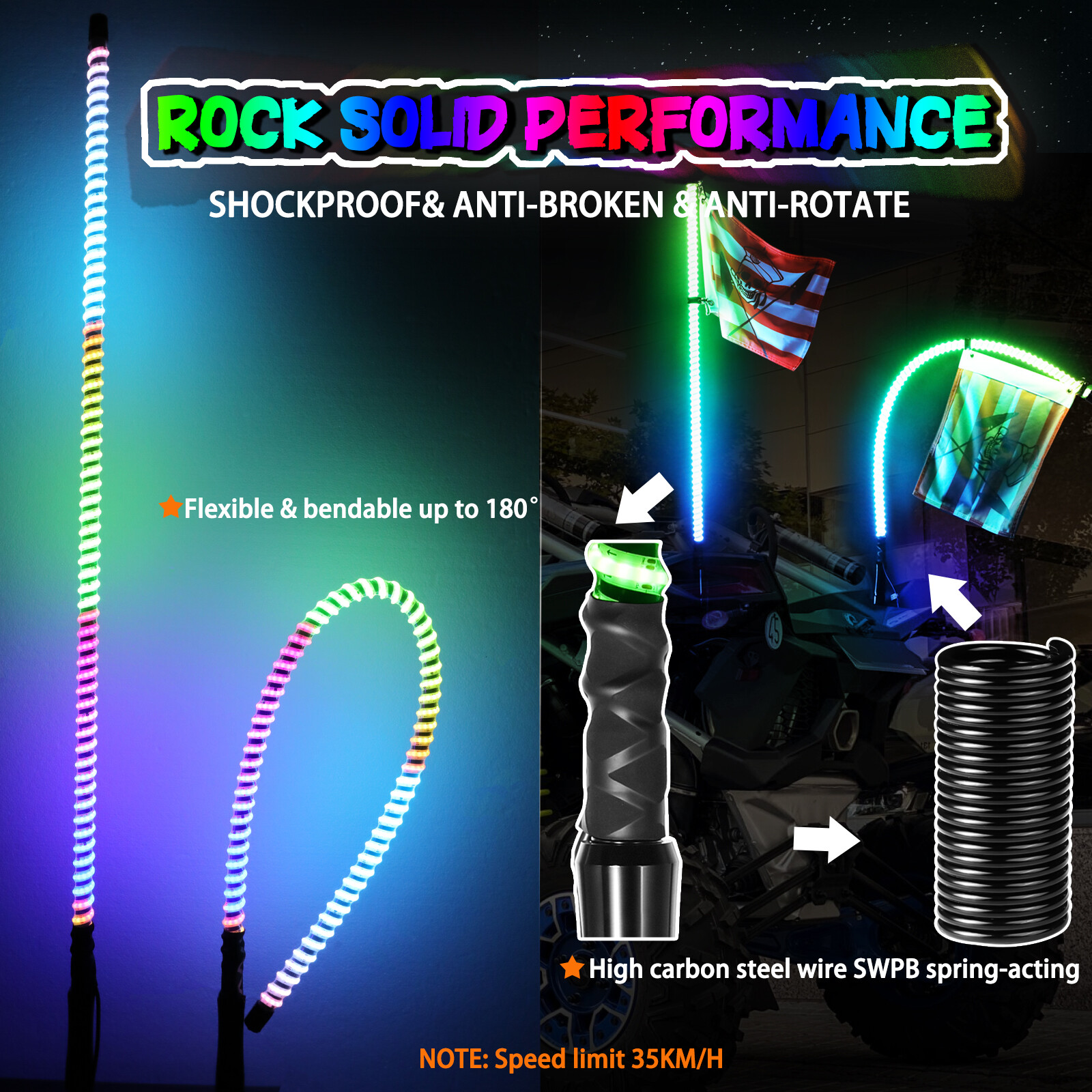 For Can-am Maverick X3 Pair 2FT Spiral RGB LED Whip Lights Wireless APP & Remote