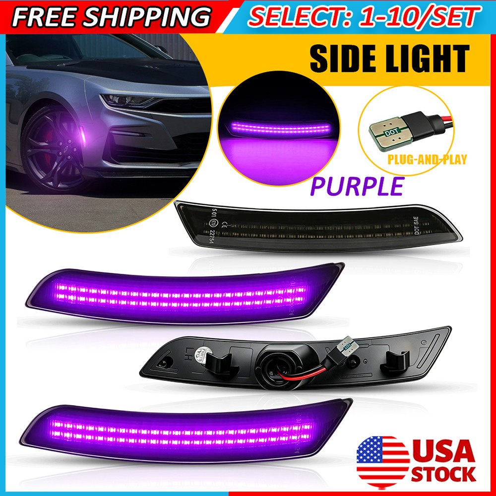 4-40x Purple LED Bumper Side Marker Light Front Rear For Chevy Camaro 2016-2023