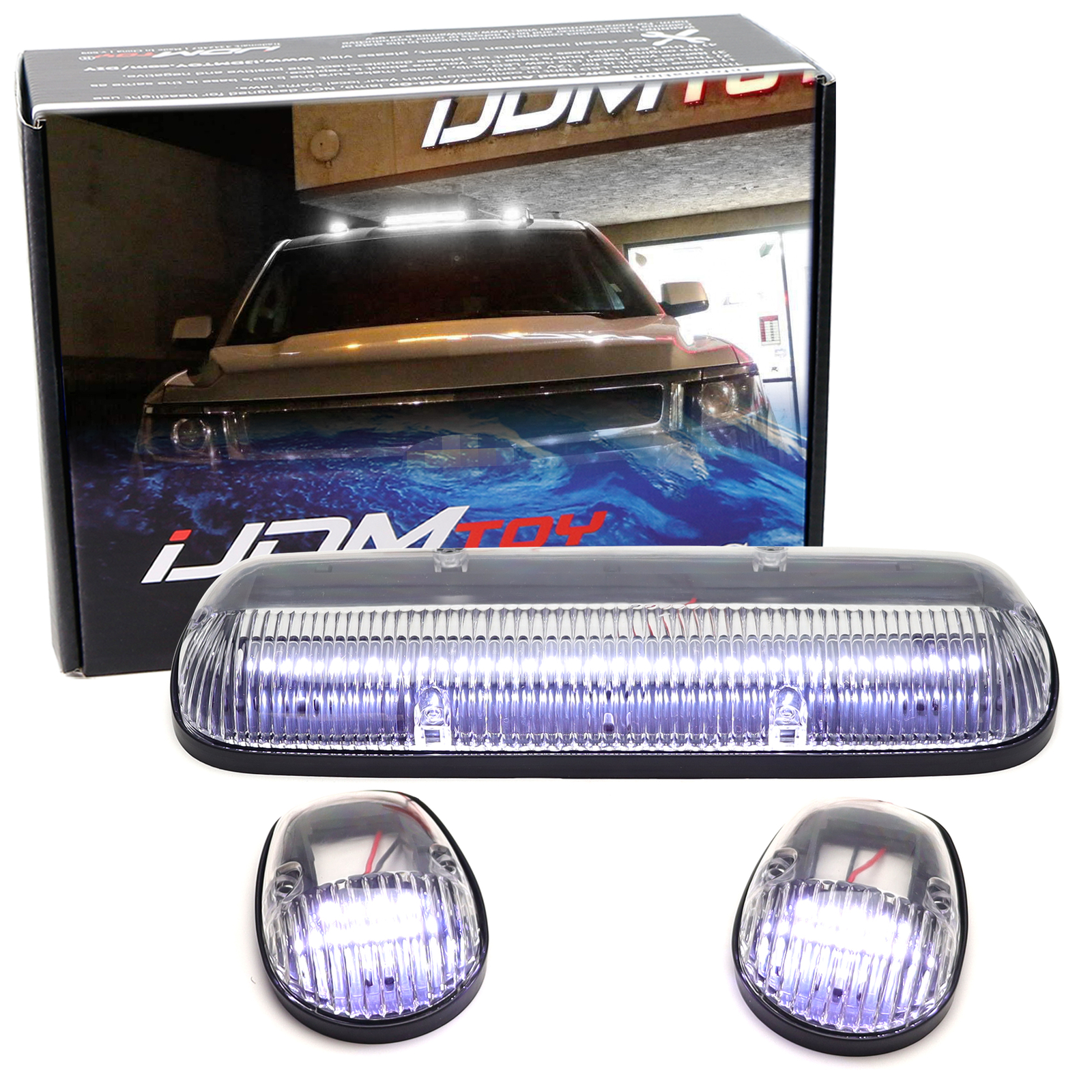Clear Lens 3pc Cab Roof Marker Running Lights w/White LED Lamp For Truck SUV 4×4