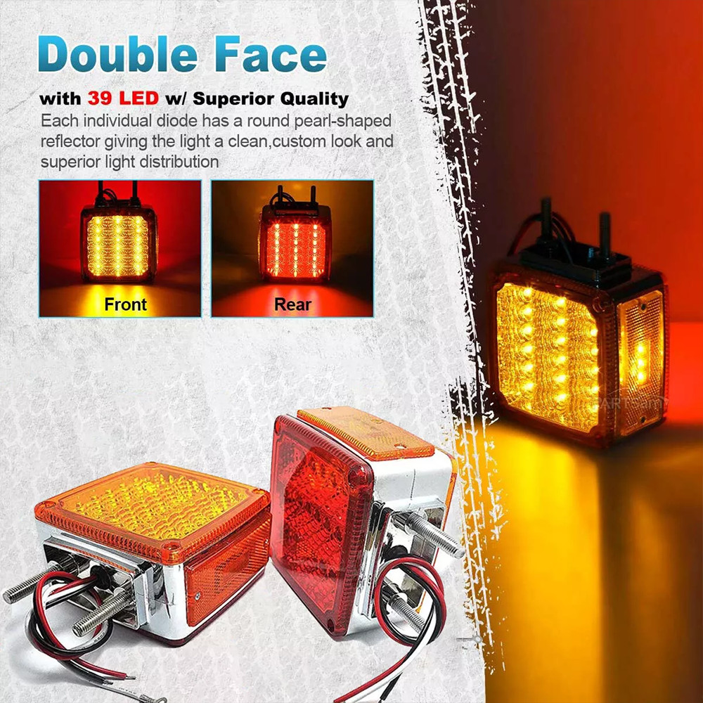 2X Amber+Red Square 39LED Double Face Stud Mount Cab Fender Turn Signal Lights