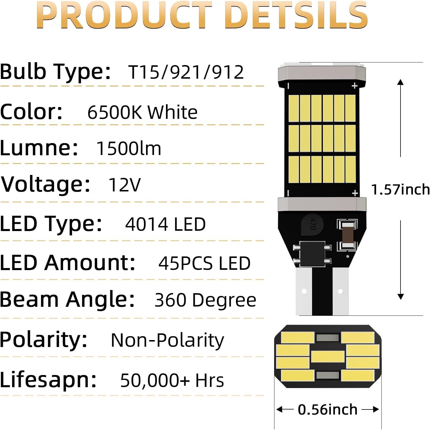 2/10PC T15 921 912 LED Reverse Backup Light Bulb 2400LM 6000K Super Bright White