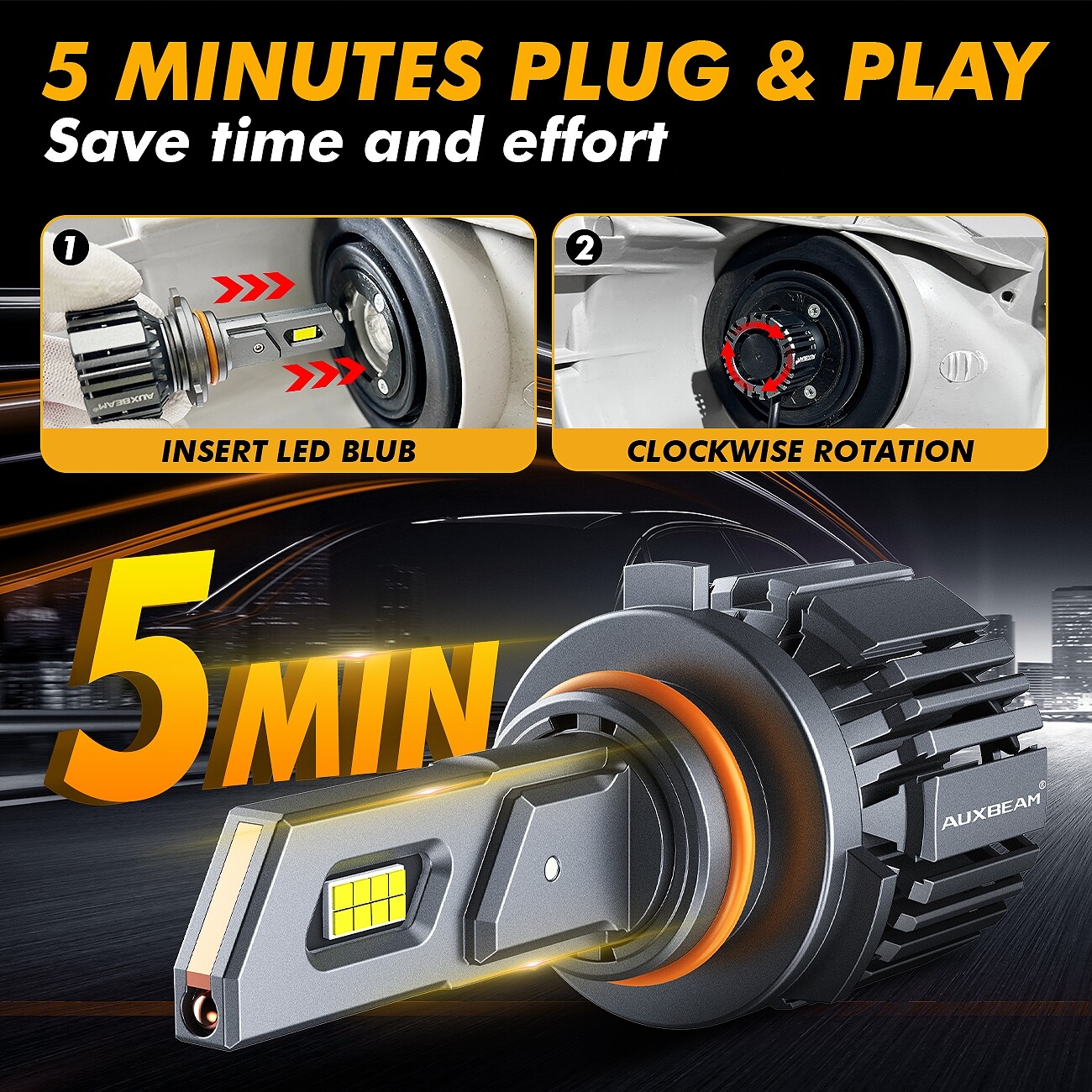 AUXBEAM HB3 LED 9005 Headlight Bulb 90W 25000LM Kit High Beam White 6500K CANBUS