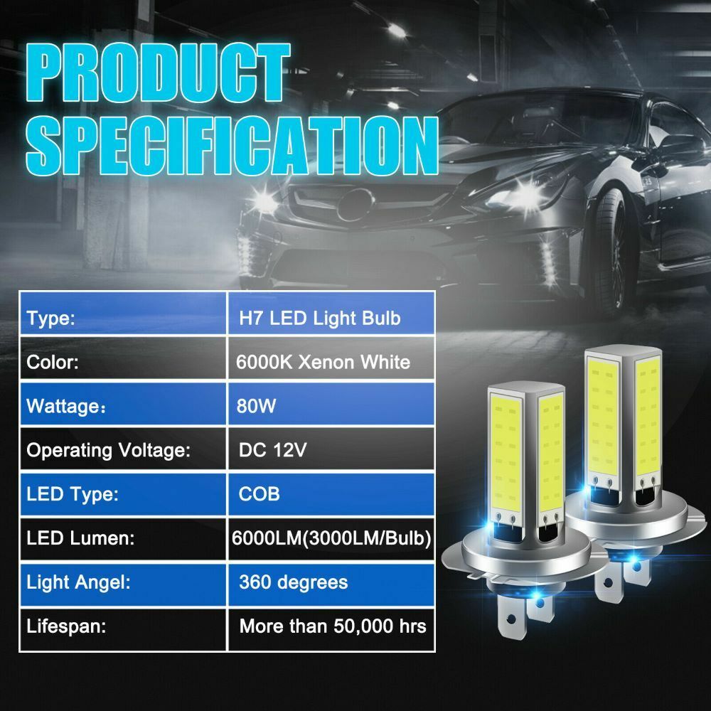 2Pcs 55W H7 20000LM Car LED Headlight Bulbs Kit Hid White 6000K 12V New