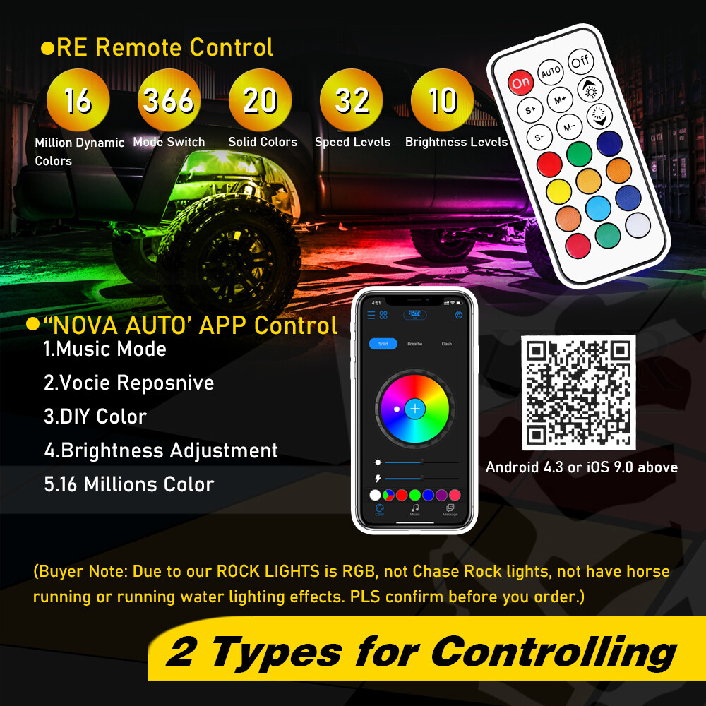 12x RGB LED Pods Rock Light Kit Underbody Glow Neon Lamp Bluetooth Music Control