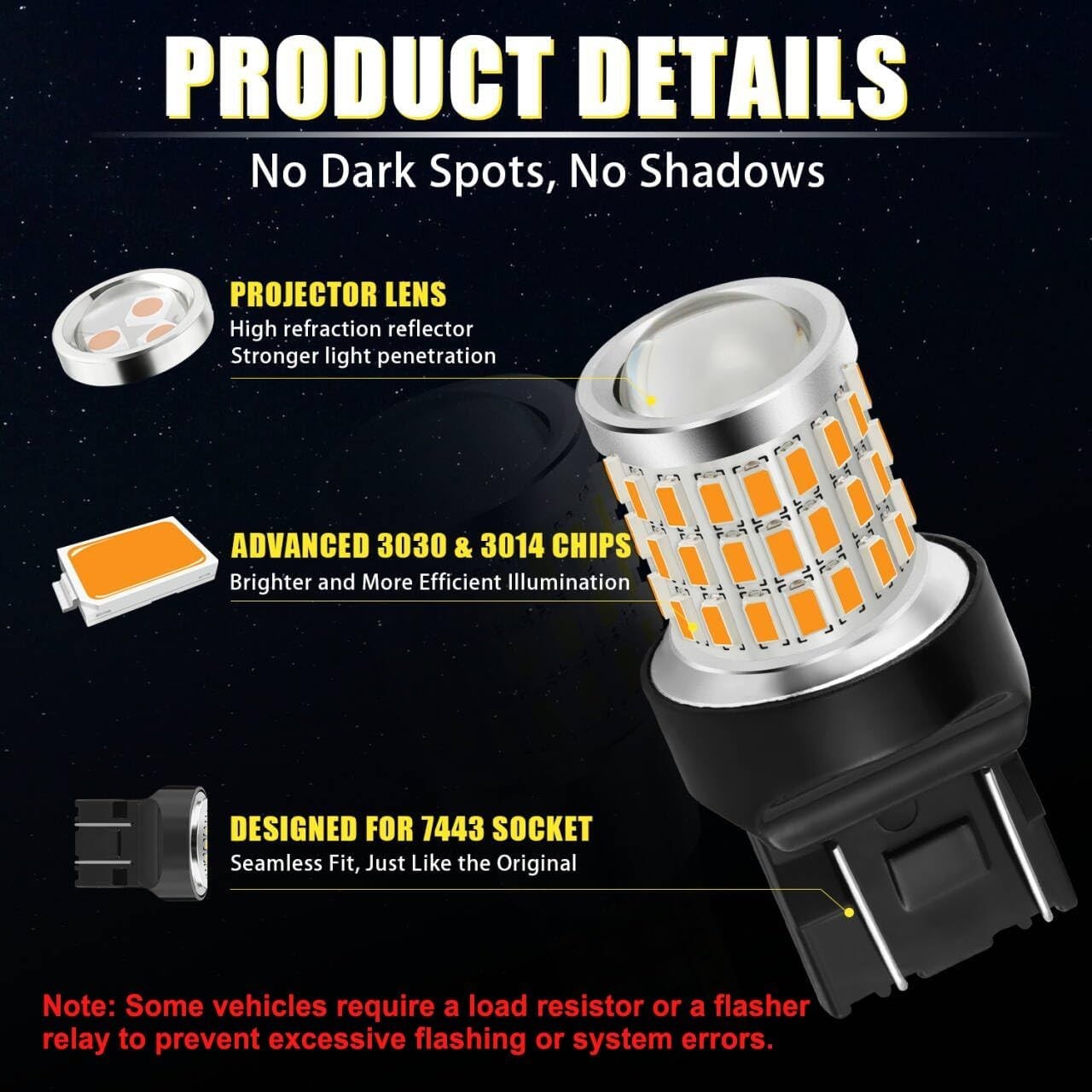 7443 LED Turn Signal Bulbs Amber Pack of 2 for Vehicle Blinker Lights