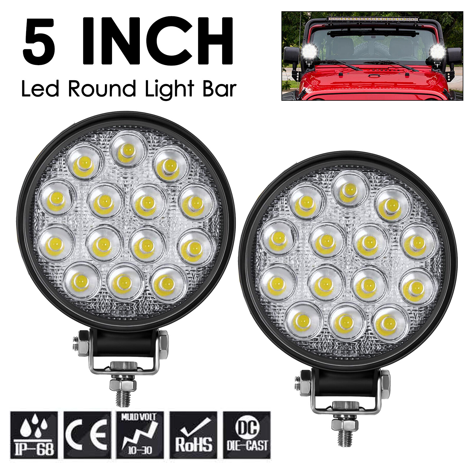 2Pcs 5“ Round LED Work Light Bar Flood Pods Off Road Fog Driving SUV ATV Truck