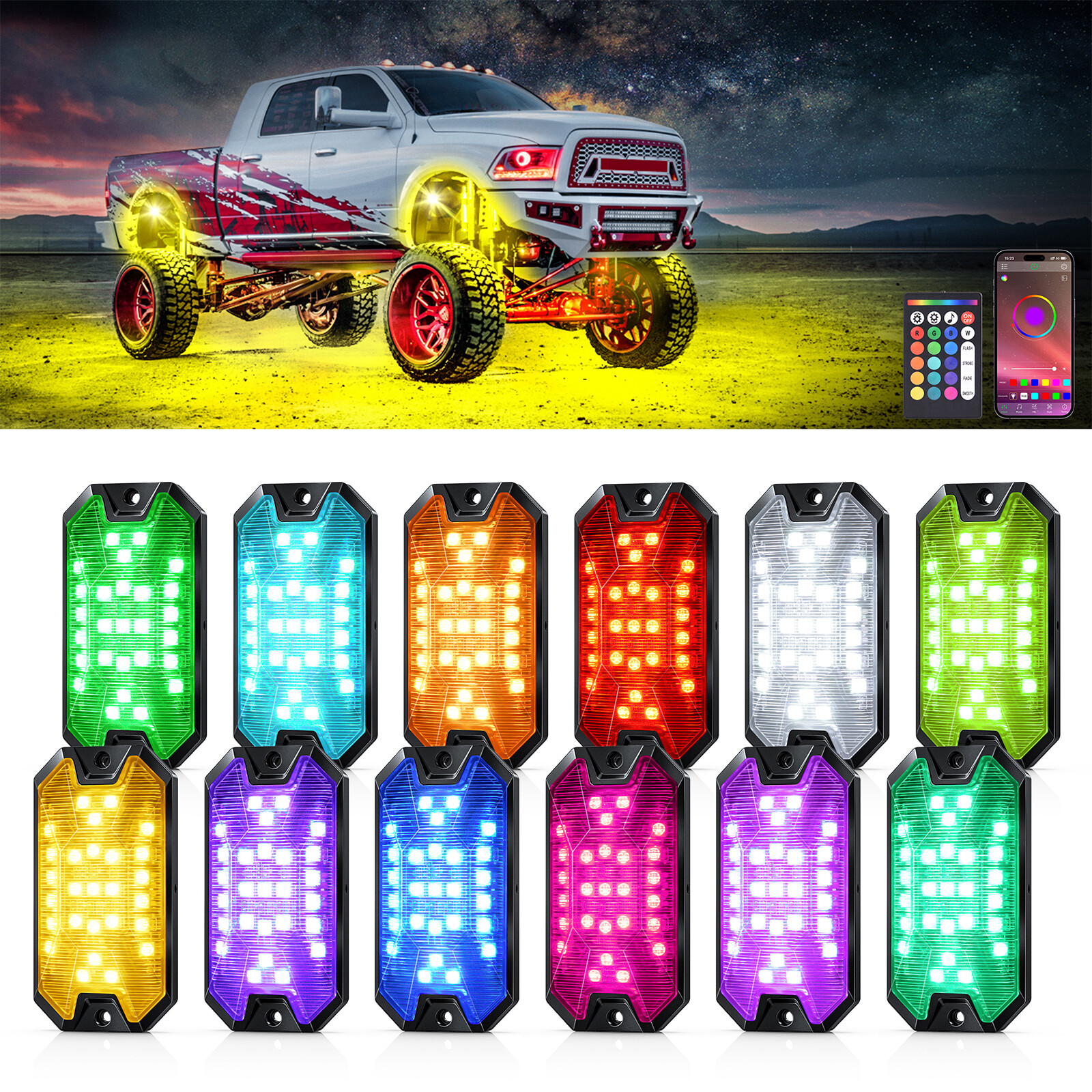 12 Pods Full Angle RGBW LED Rock Lights Wheel Well Lights APP/RF Remote Control
