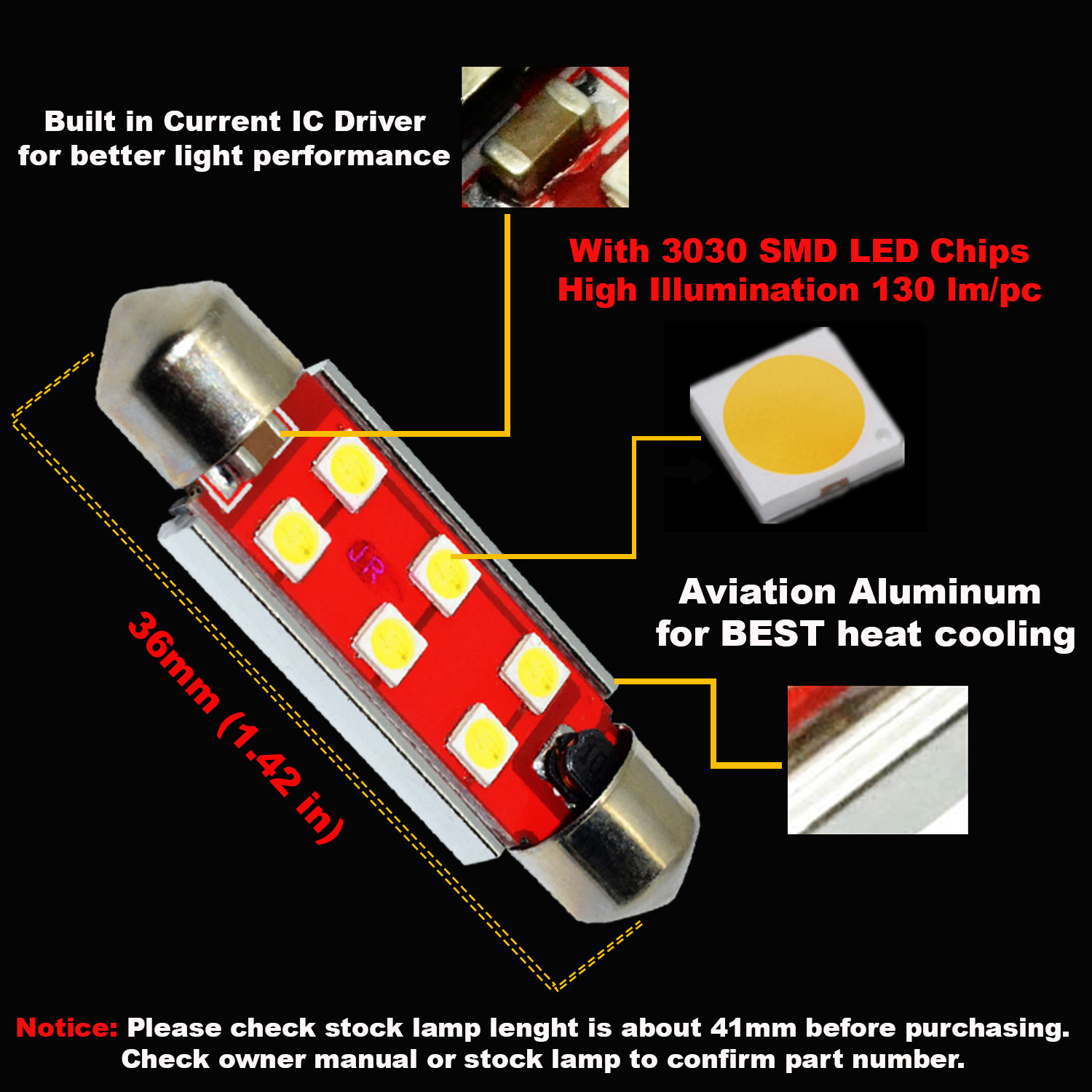 Alla Lighting 2pc 800LM 3030 6-LED Dome Map Trunk Light Festoon Bulb 578,White