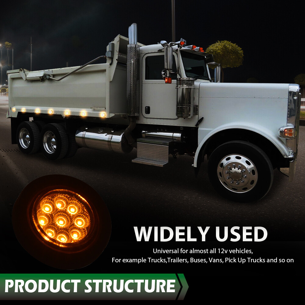 2x Amber 2″ Inch Round 9 LED Side Marker Clearance Lights Truck Trailer Lamp 12V