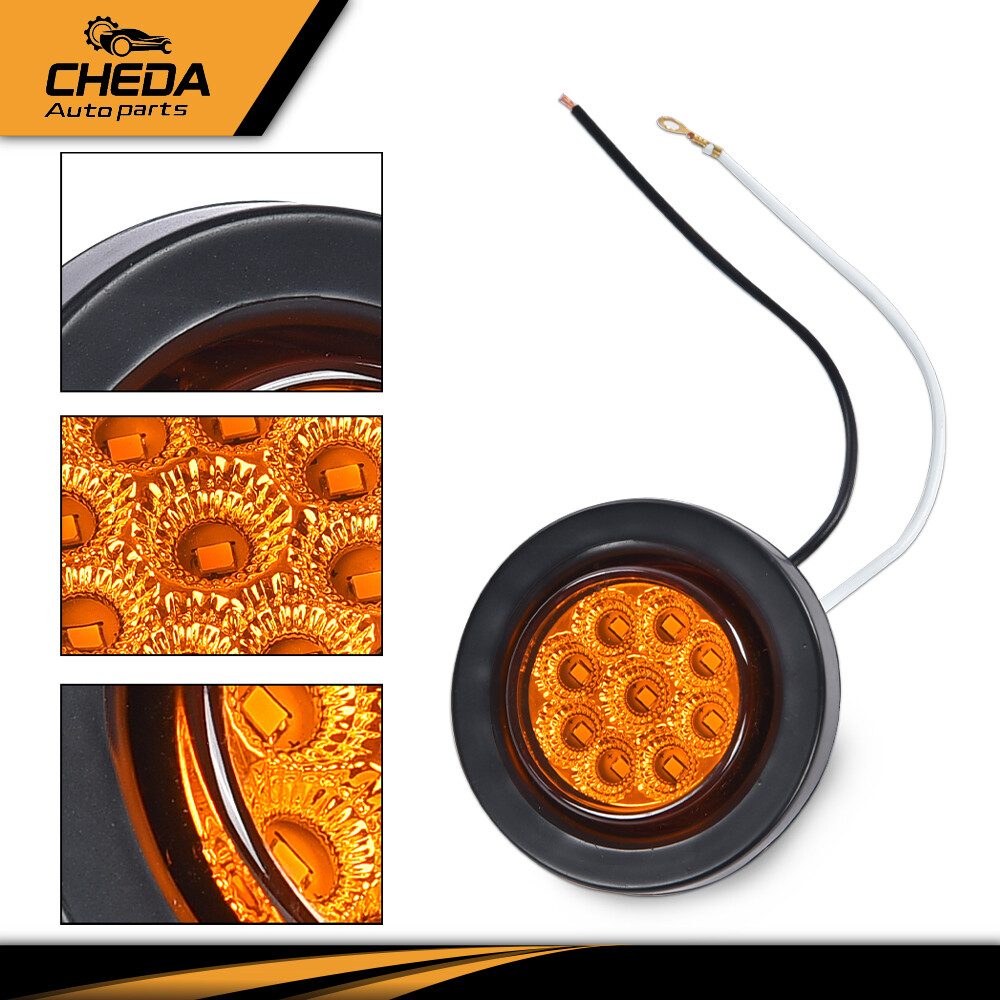 2x Amber 2″ Inch Round 9-LED Side Marker Clearance Lights Truck Trailer Lamp 12V