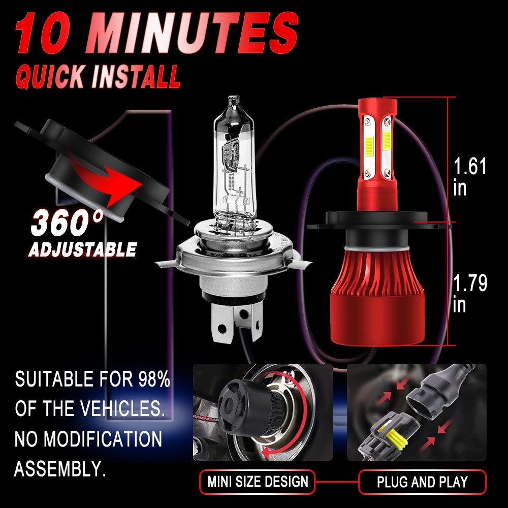 Pair 9003/H4 LED Headlight Bulbs Kit High/Low Beam 6500K Bright White