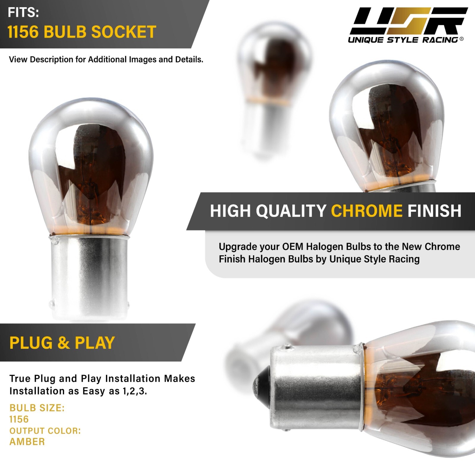 7506 / 1156 Straight Pin Single Filament Stealth Chrome Amber Halogen Bulbs Pair