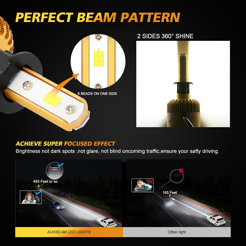 AUXBEAM H1 LED Headlight Bulbs Kit High Low Beam Clear White 6500K 8000LM Bright