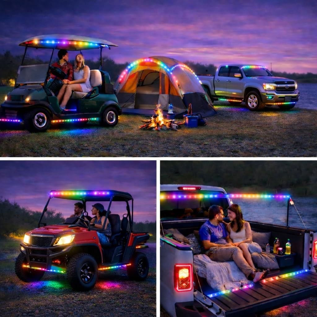 RGB Dream Color Golf Cart Canopy Lights with Remote, 2 Pack, Waterproof 6.56FT