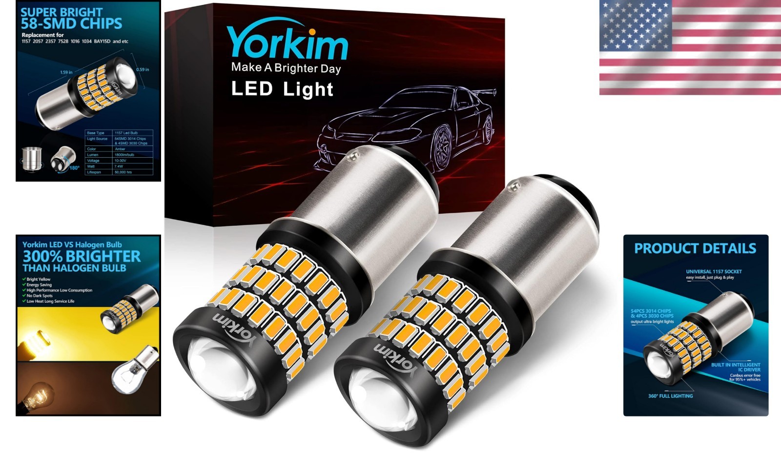 Bright Amber 1157 LED Bulbs, 400% Brighter Replacement for Turn Signals – 2 Pack