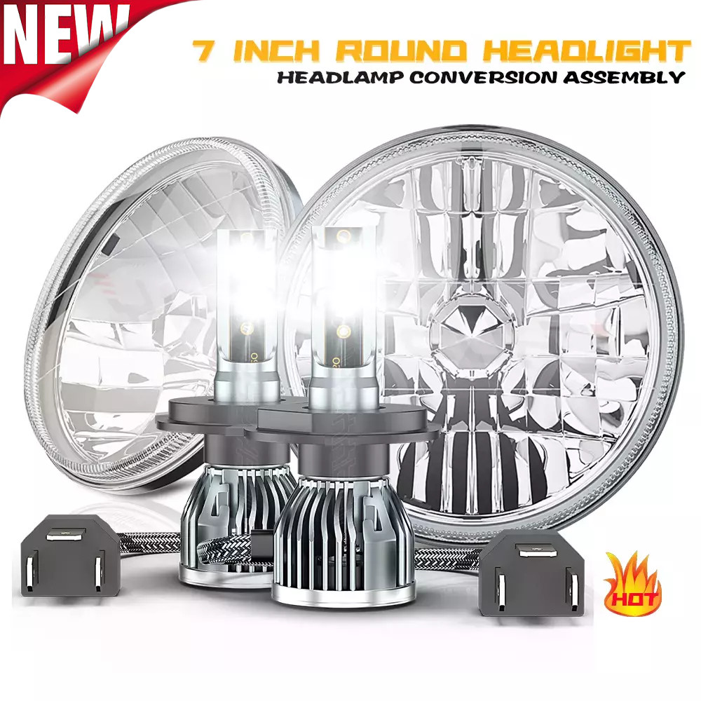 2Pc 7″ inch Black Round LED DRL Headlight Hi-Lo Beam For Peterbilt 379 359 Truck