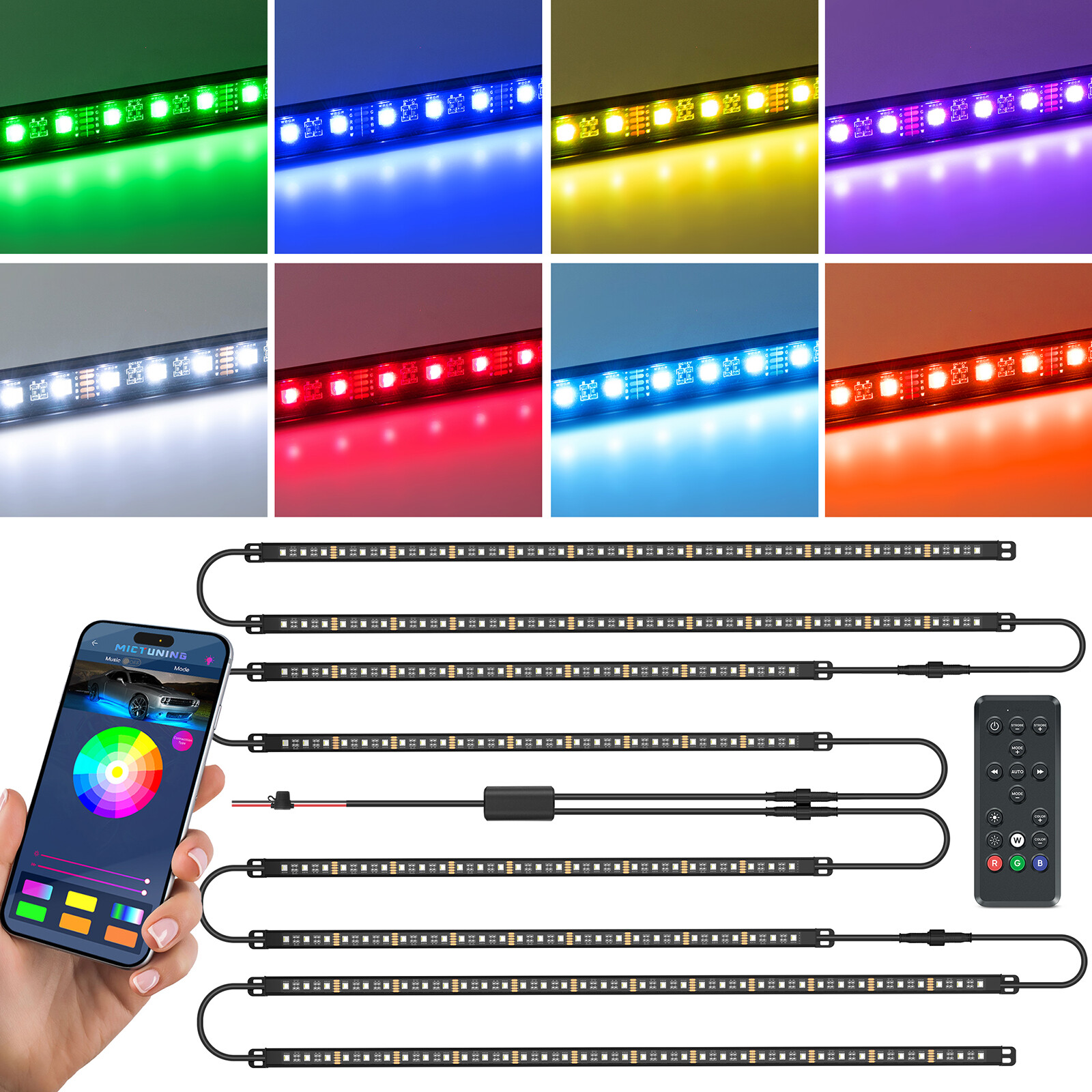 MICTUNING 8pc N8 RGBW Underglow LED Light Bar Strips Kit for Car Wireless Remote