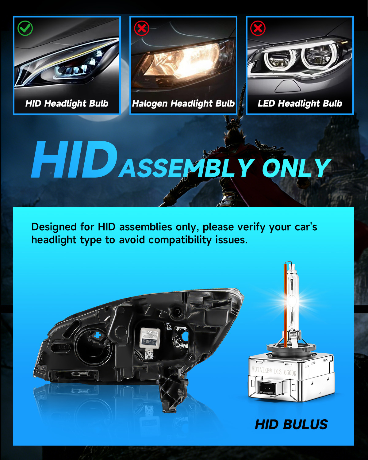 D1S Xenon HID Bulbs Replacement Kit 6500K Cool White Bright Headlight Lamps