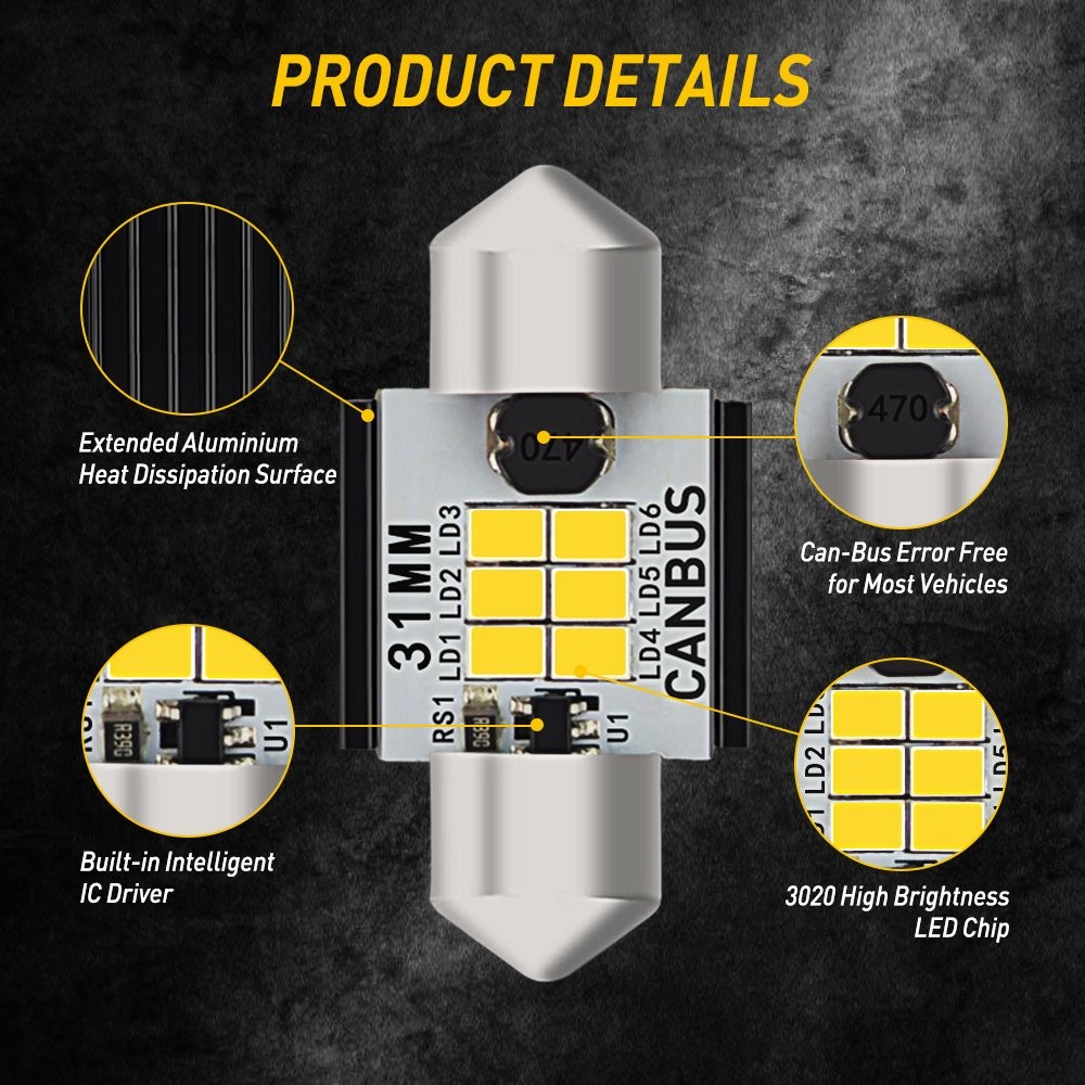 AUXITO 31MM C5W LED Festoon License Plate Tag Light Bulb 6000K Bright White A