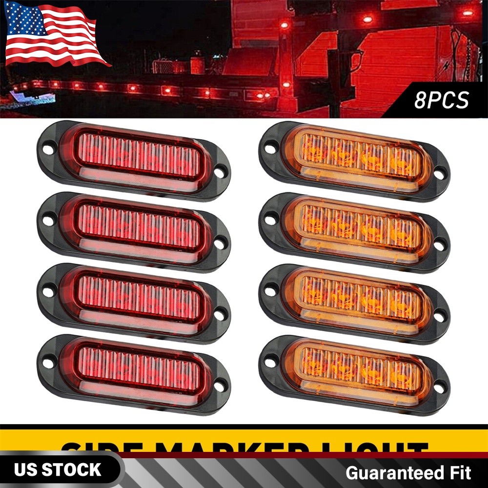 8PCS LED Exterior Side Marker Clearance Lights Waterproof Amber & Red DC12-24V